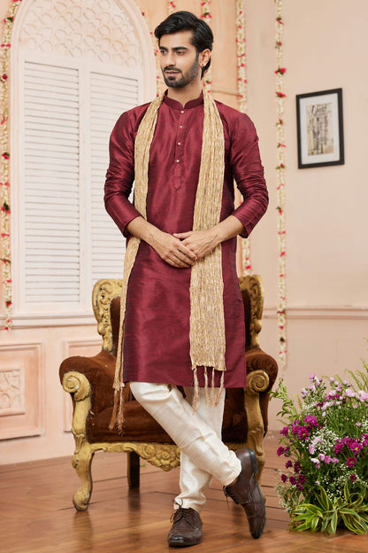 Maroon Colour Art Silk Kurta Pajama With Stole