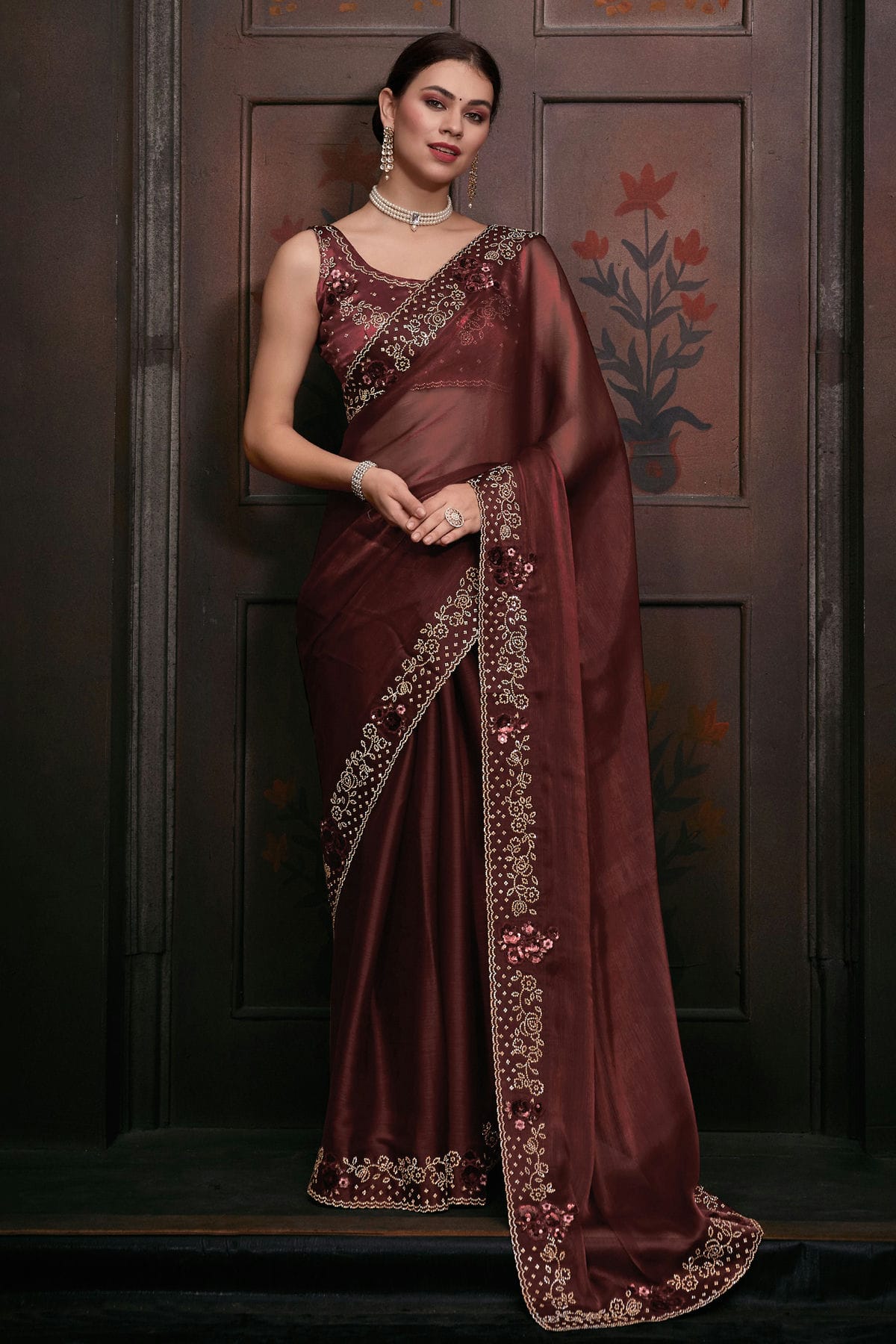 Maroon Colour Burberry Silk Designer Saree