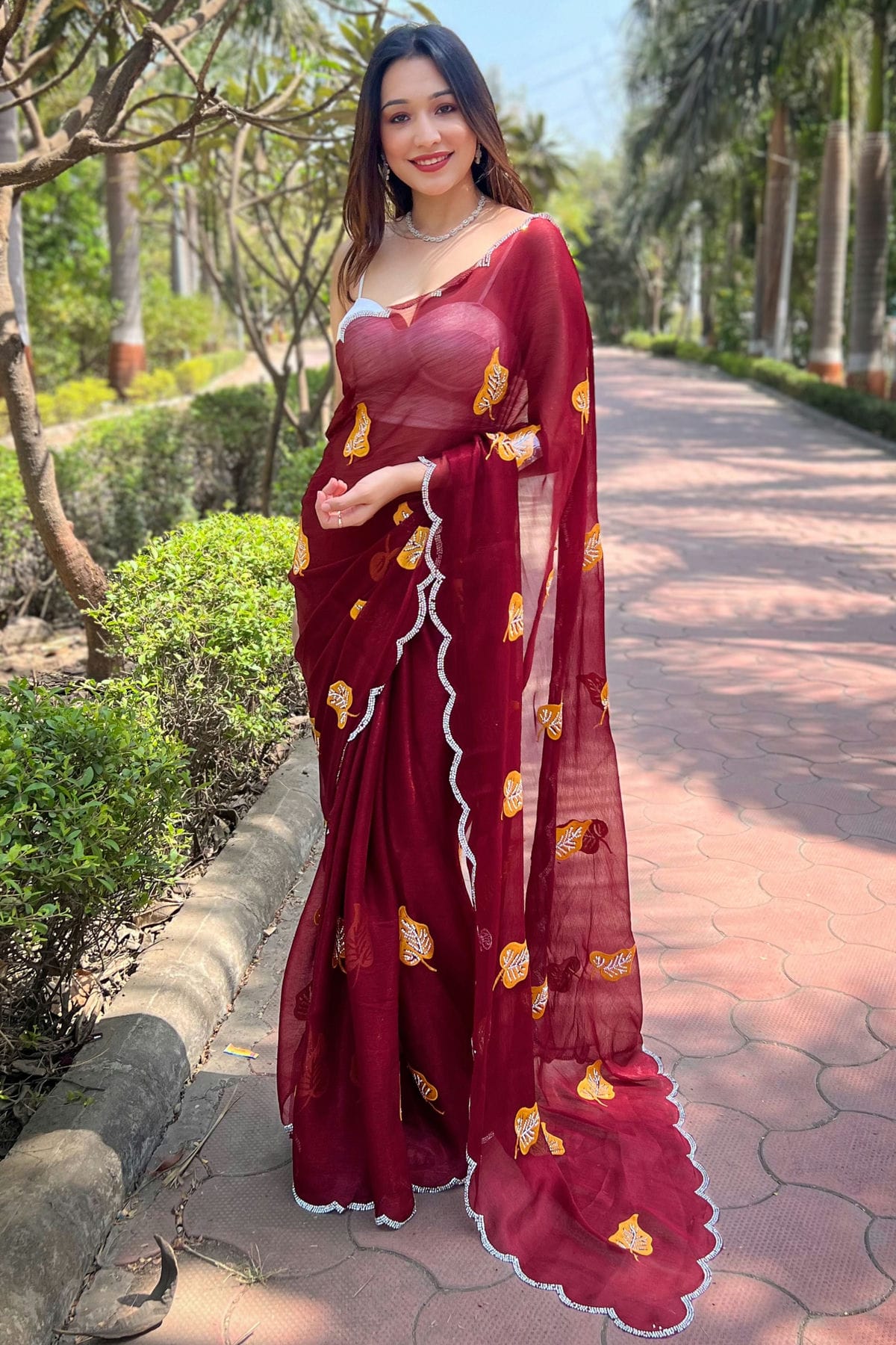 Maroon Colour Chiffon Saree