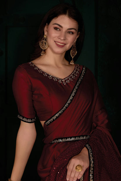 Maroon Colour Chiffon Silk Designer Saree