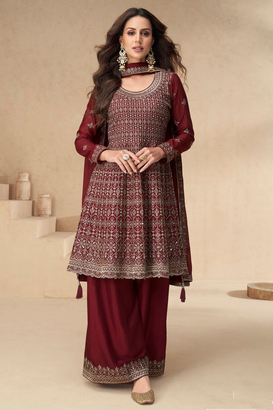 Maroon Colour Chinon Silk Palazzo Pant Suit