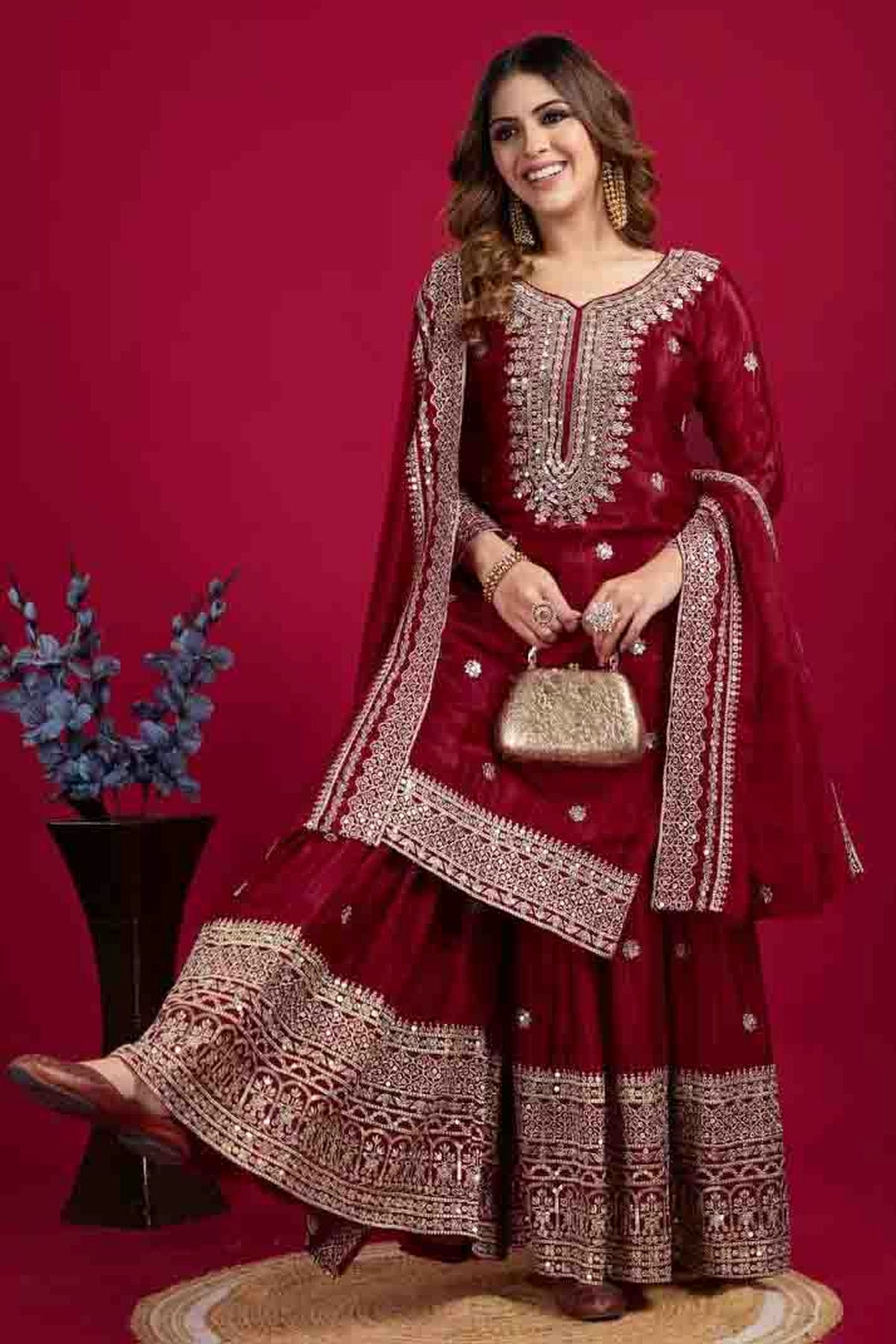 Maroon Colour Chinon Silk Stitched Sharara Suit VSSS1140769