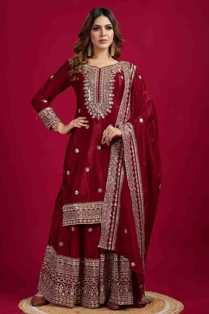 Maroon Colour Chinon Silk Stitched Sharara Suit VSSS1140769