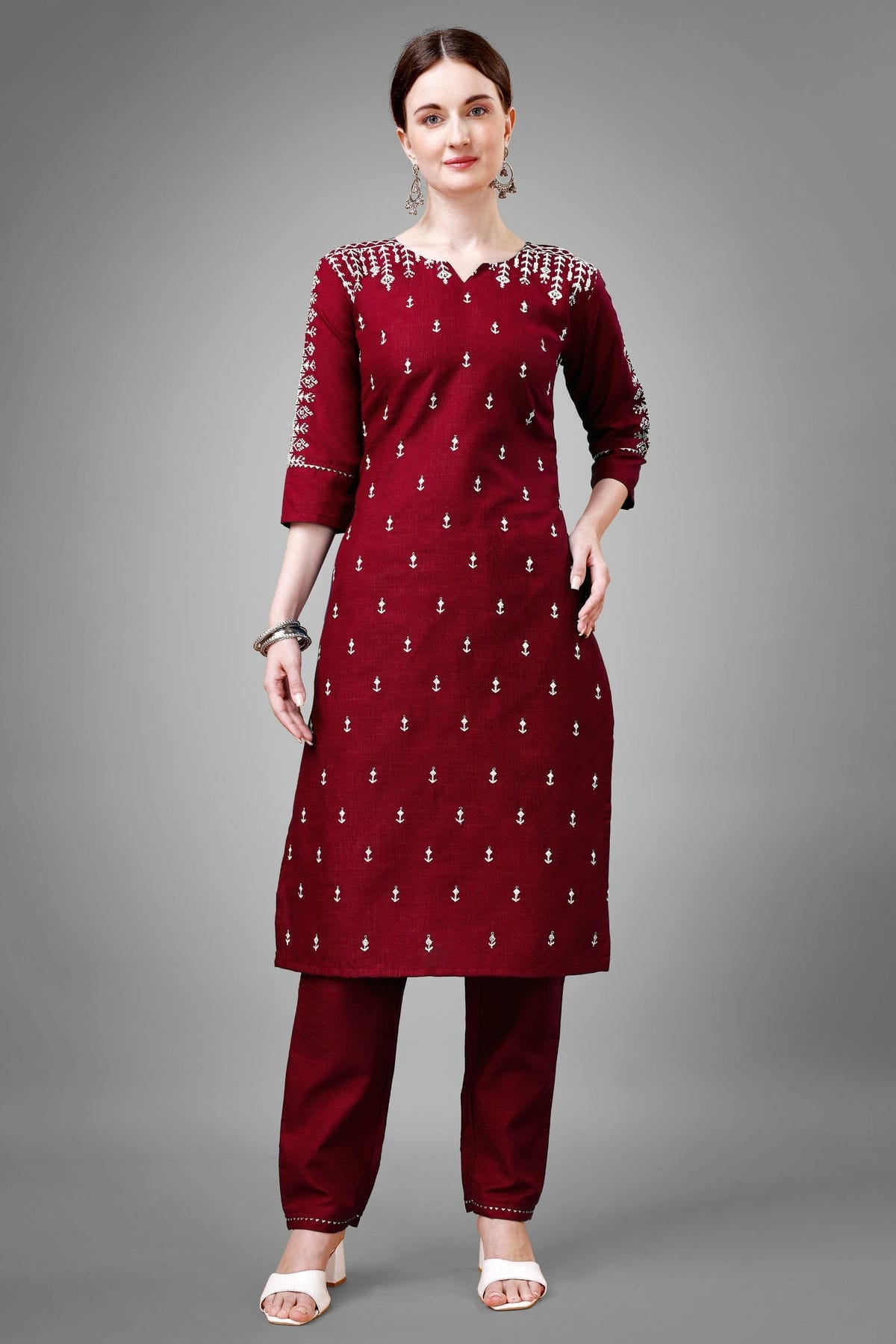 Maroon Colour Cotton Blend Kurta And Pant Set