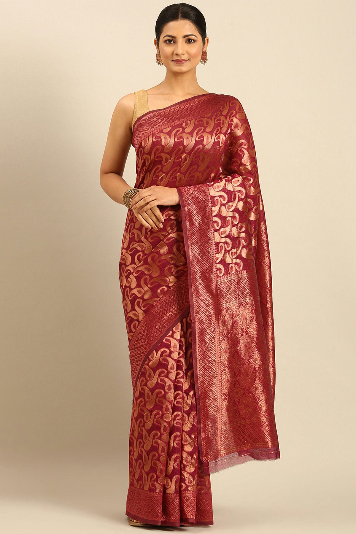 Maroon Colour Cotton Traditional Saree