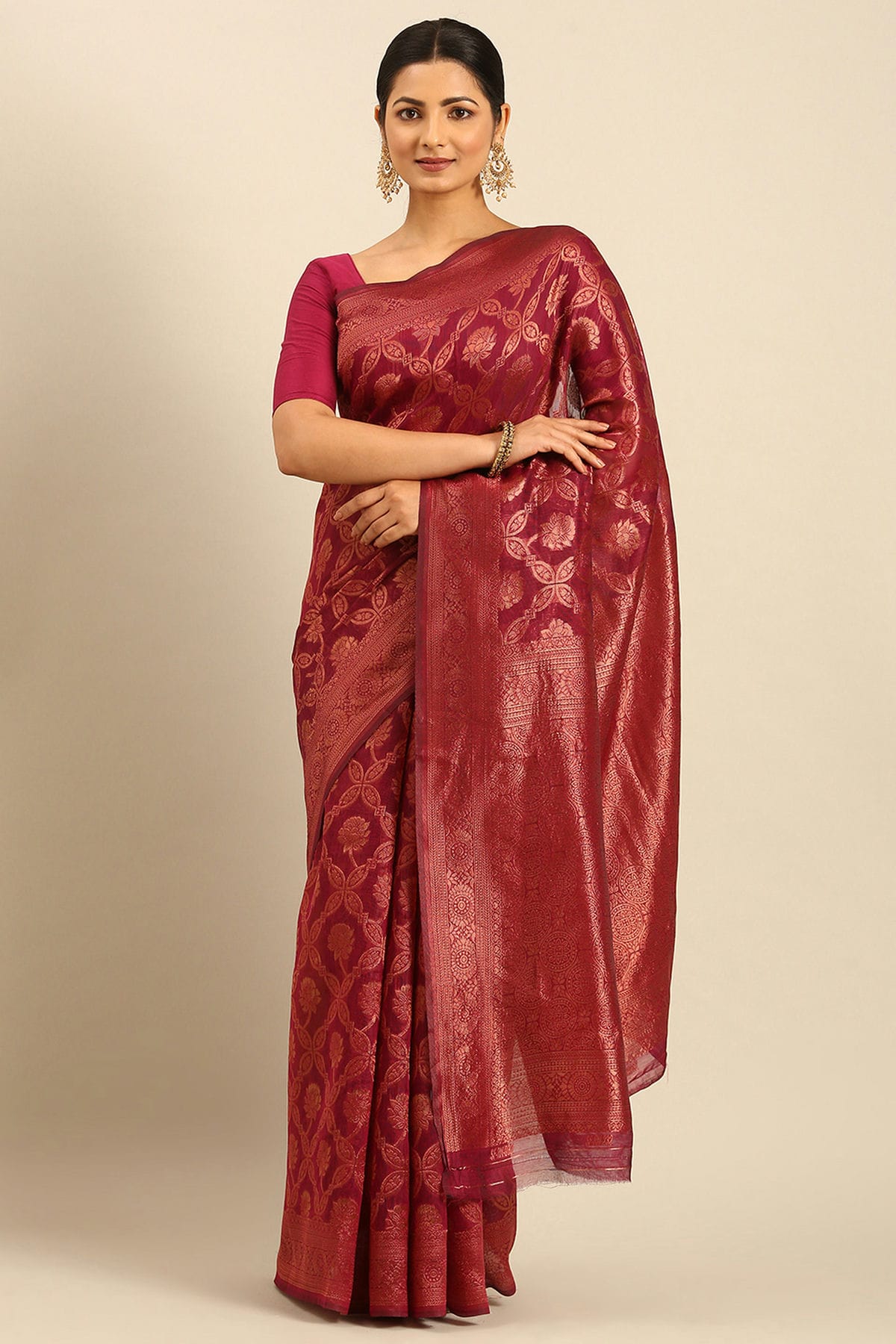 Maroon Colour Cotton Traditional Saree