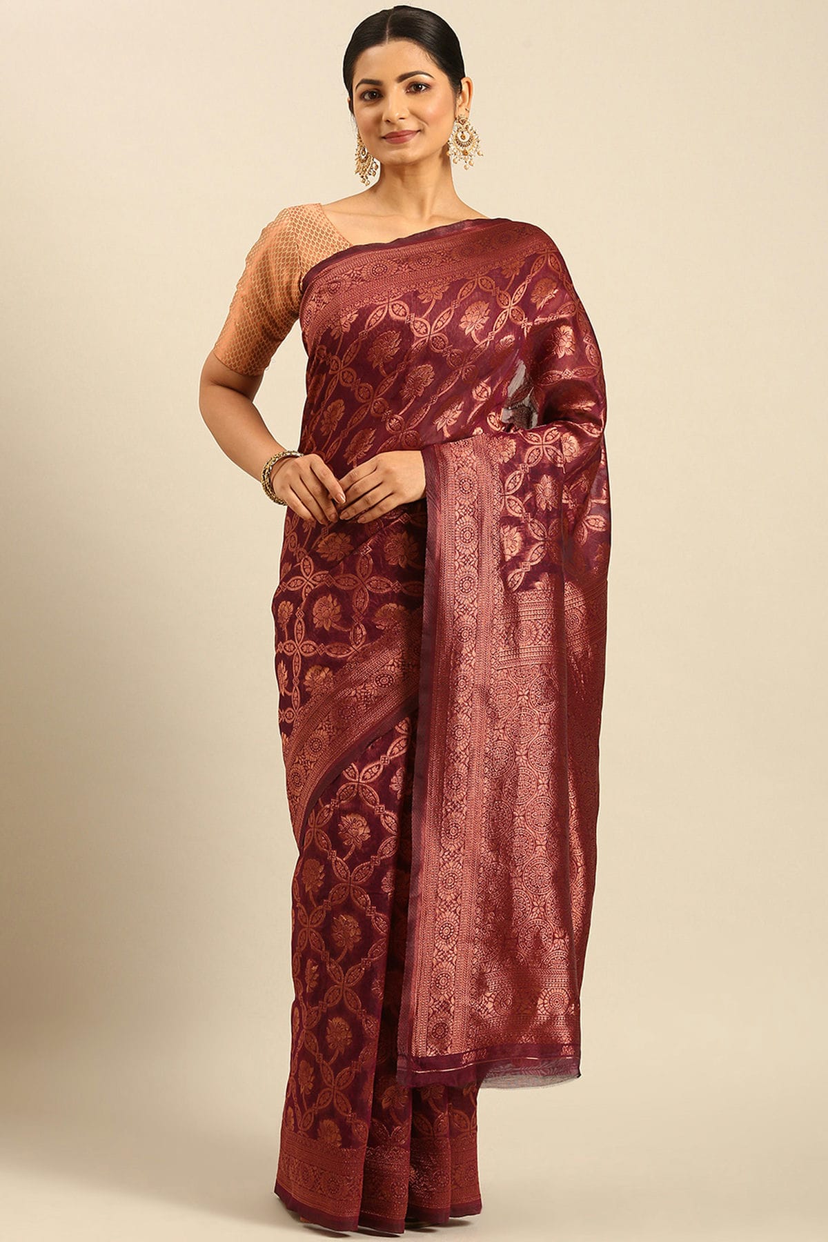 Maroon Colour Cotton Traditional Saree