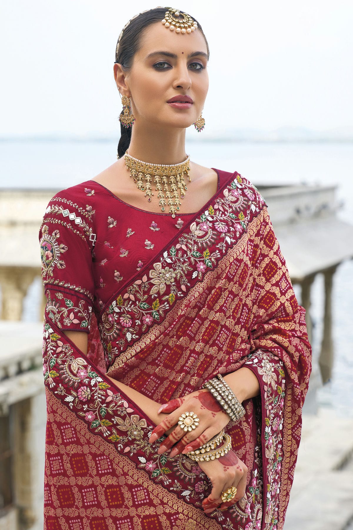 Maroon Colour Dola Silk and Bandhej Designer Saree