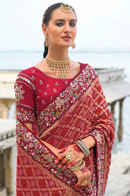 Maroon Colour Dola Silk and Bandhej Designer Saree