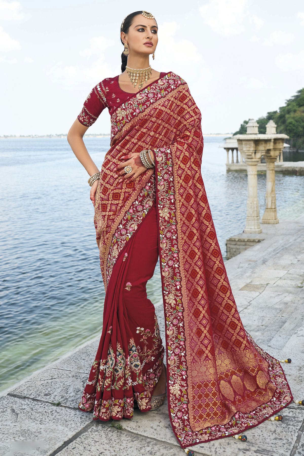 Maroon Colour Dola Silk and Bandhej Designer Saree