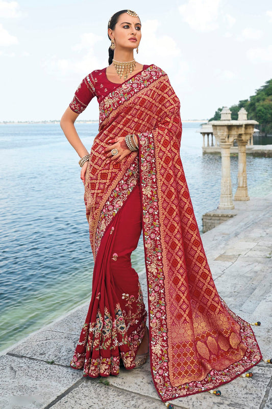 Maroon Colour Dola Silk and Bandhej Designer Saree