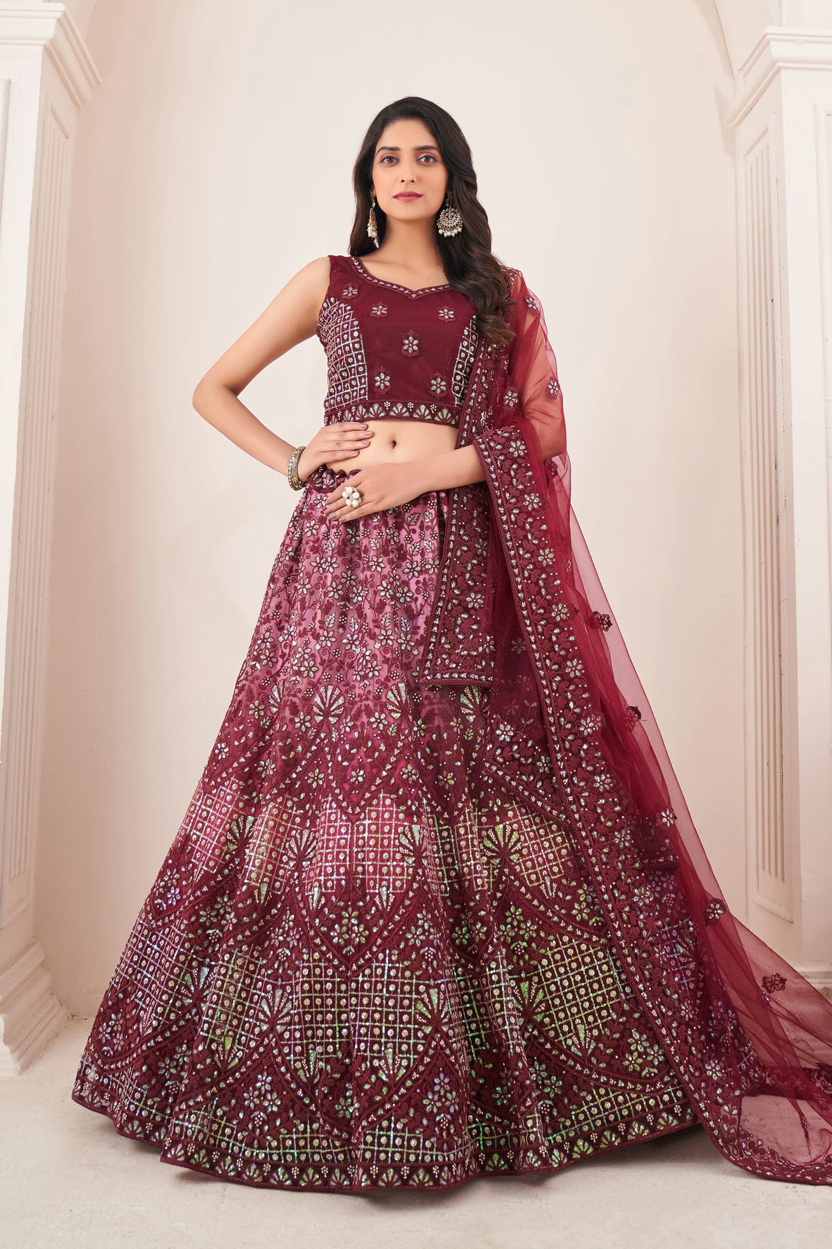 Maroon Colour Embroidery Soft Net Lehenga Choli