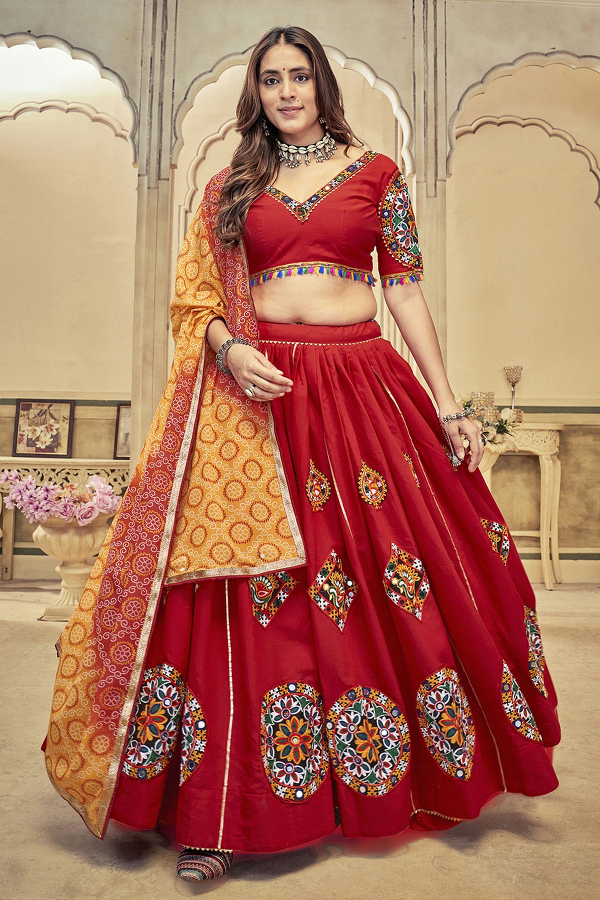 Maroon Colour Embroidery Work Cotton Silk Navratri Lehenga