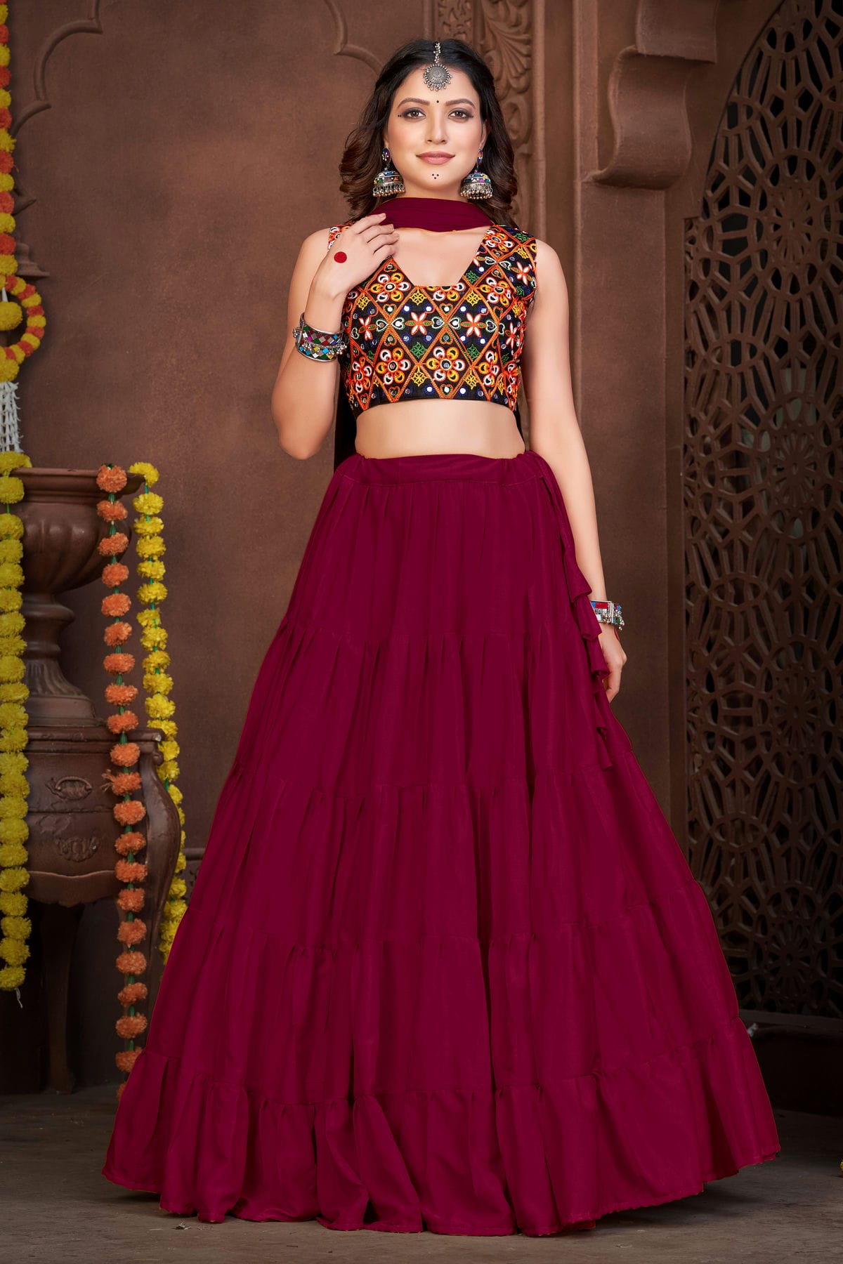 Maroon Colour Embroidery Work French Crepe Navratri Lehenga