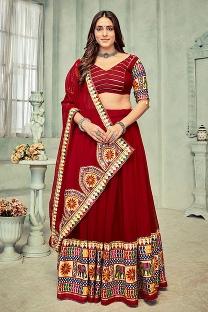 Maroon Colour Embroidery Work Georgette Navratri Lehenga