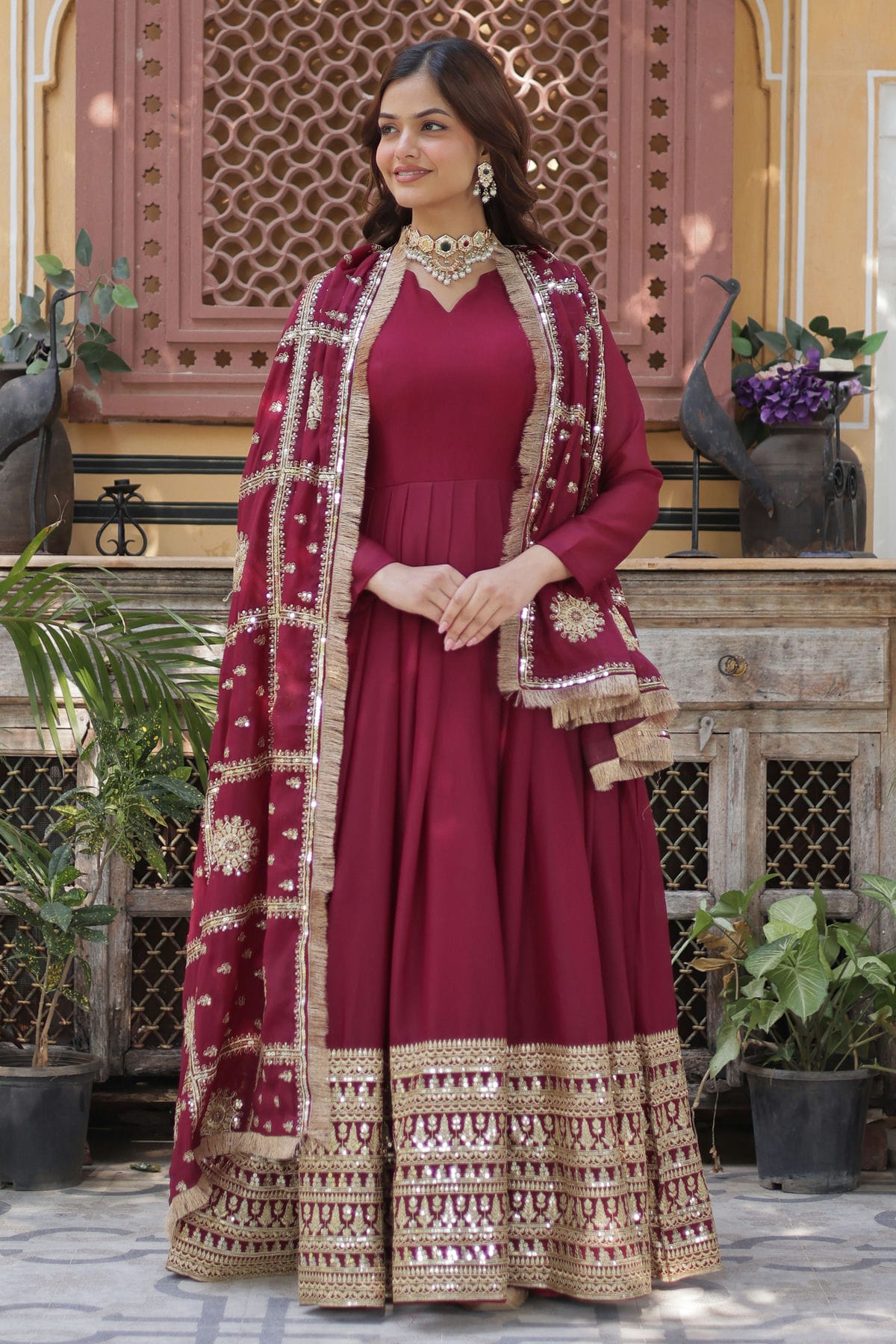 Maroon-Colour-Faux-Georgette-Fabric-Stitched-Gown-VSGW1112370