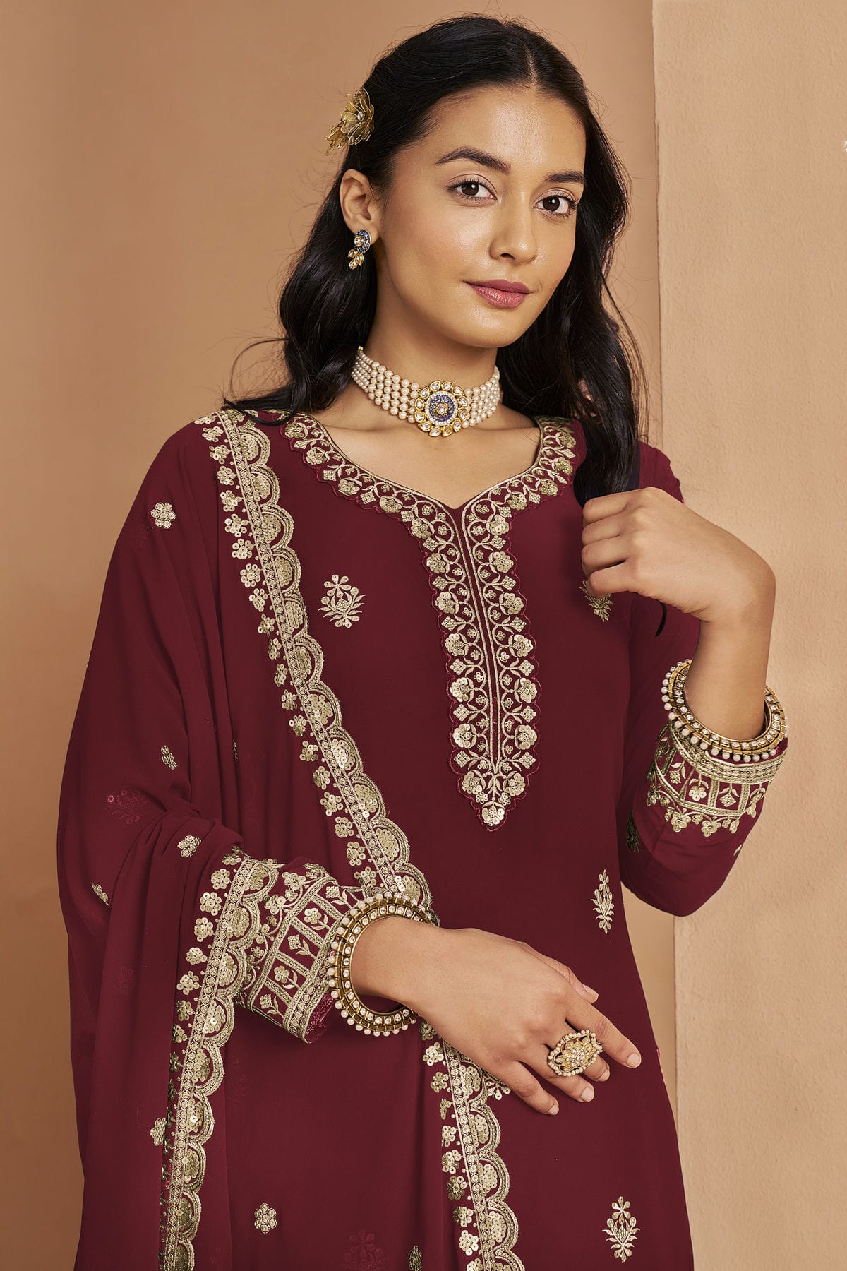 Maroon Colour Faux Georgette Palazzo Pant Suit VSSM1050680