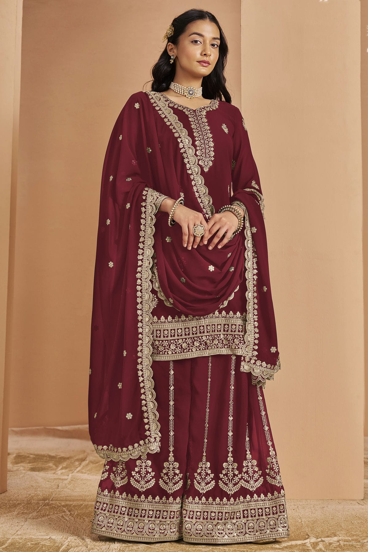 Maroon Colour Faux Georgette Palazzo Pant Suit