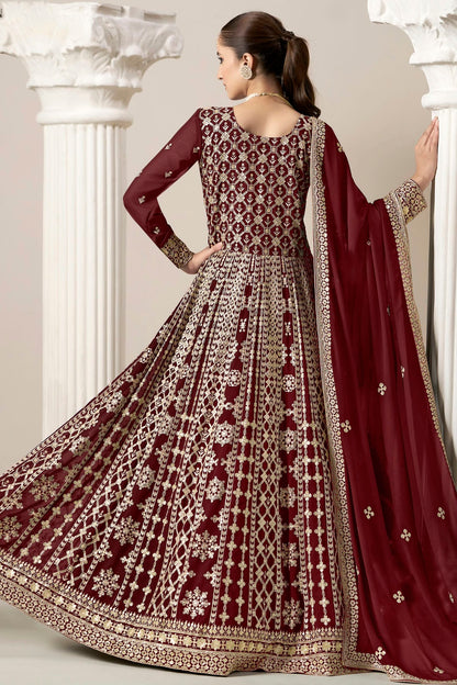 Maroon Colour Faux Georgette Semi Stitched Anarkali Suit VSSM1050628