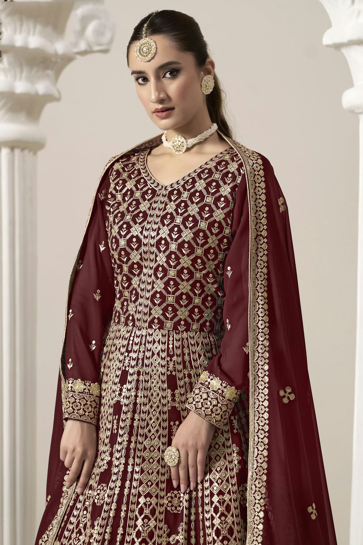 Maroon Colour Faux Georgette Semi Stitched Anarkali Suit VSSM1050628