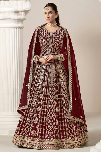 Maroon Colour Faux Georgette Semi Stitched Anarkali Suit