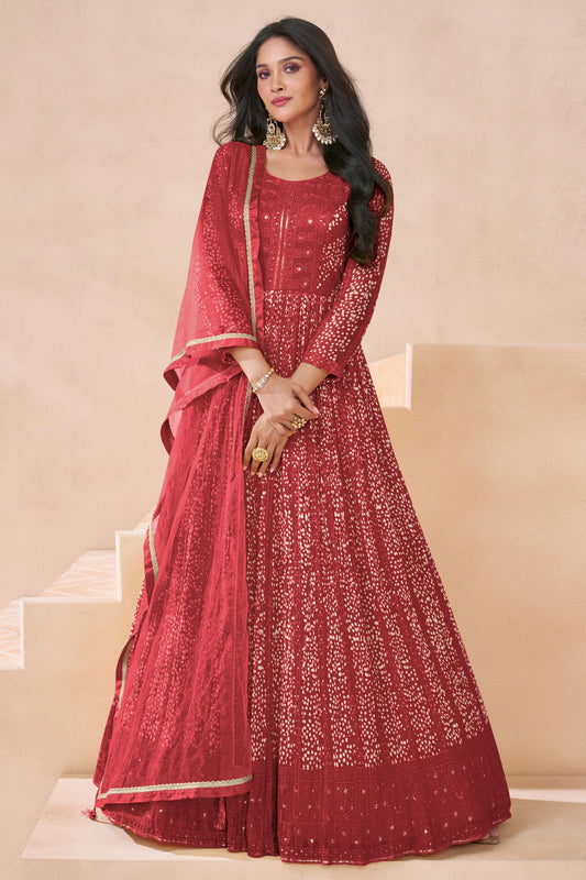 Maroon Colour Faux Georgette Semi Stitched Anarkali Suit