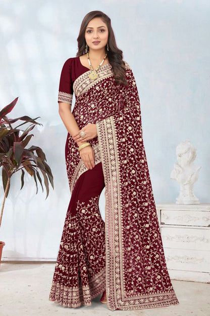 Maroon Colour Georgette Designer Saree