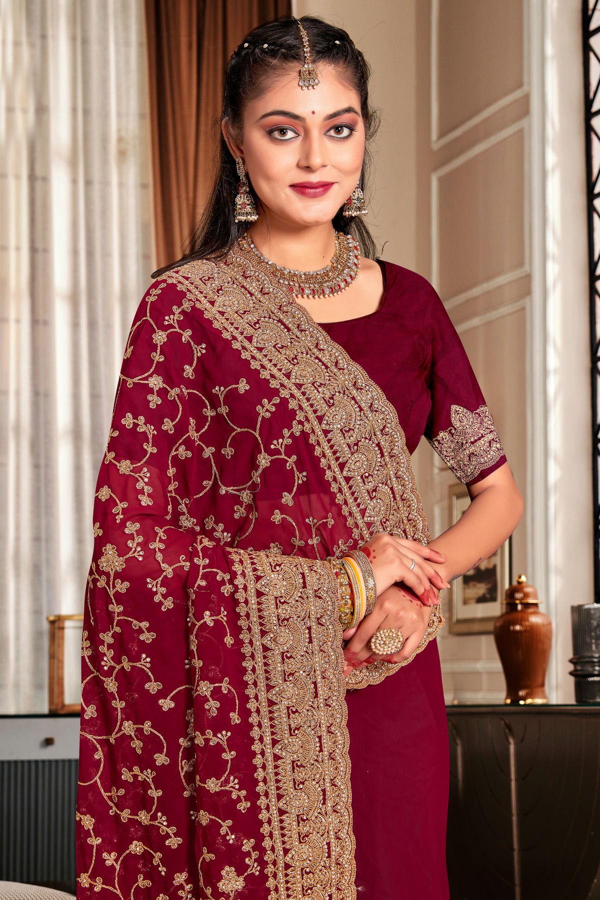 Maroon Colour Georgette Designer Saree