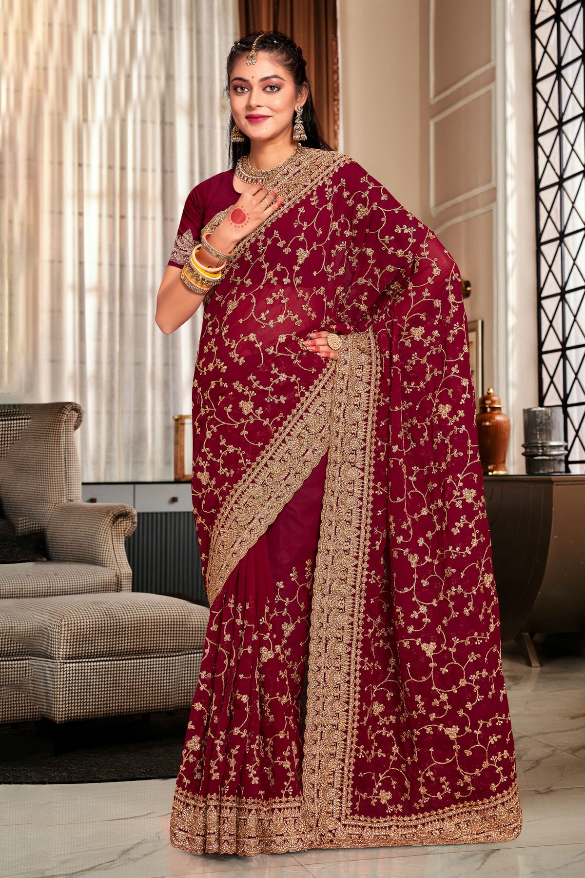 Maroon Colour Georgette Designer Saree