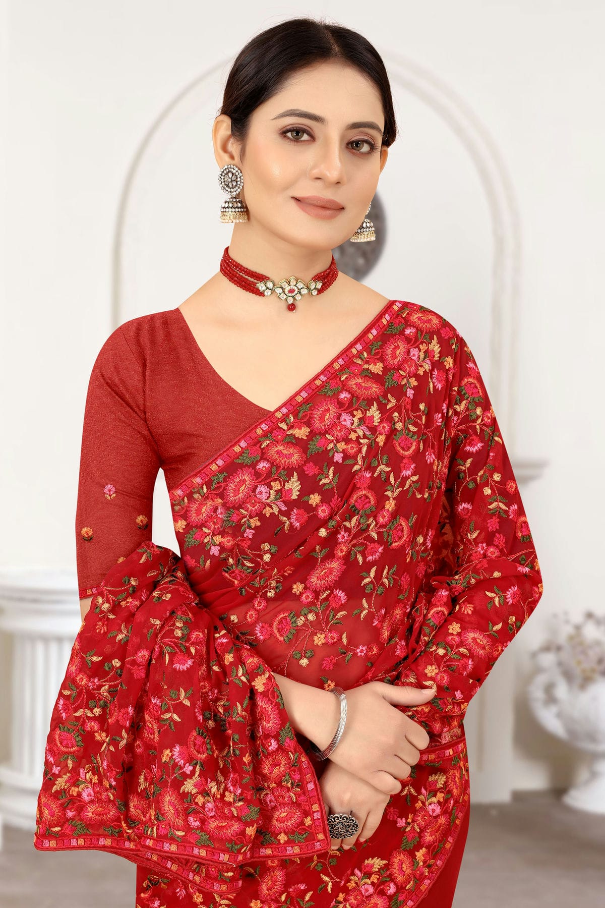 Maroon Colour Georgette Designer Saree