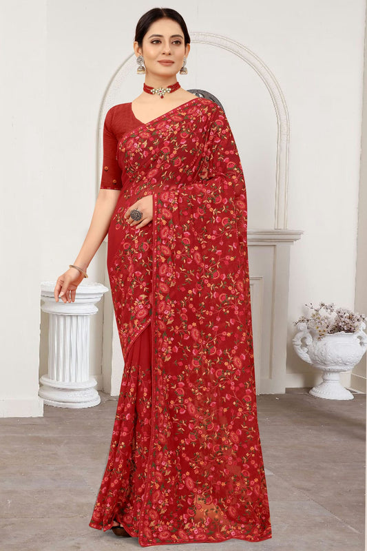 Maroon Colour Georgette Designer Saree