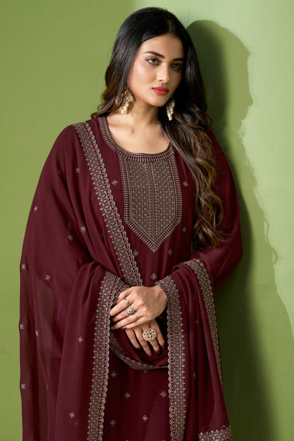 Maroon Colour Georgette Pant Style Suit VSSM1110646