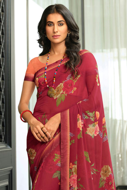 Maroon Colour Georgette Printed Saree