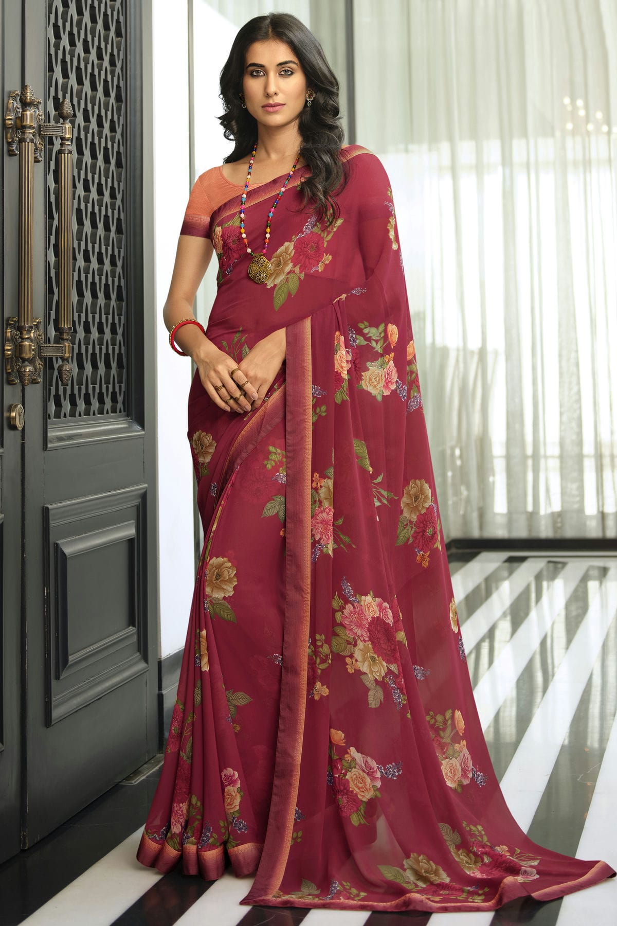 Maroon Colour Georgette Printed Saree