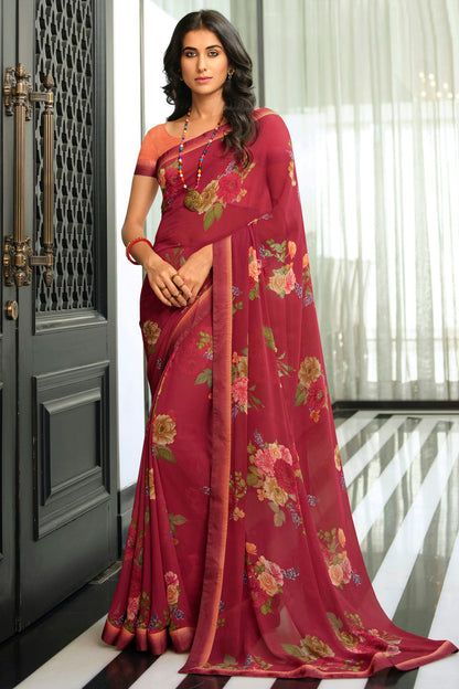 Maroon Colour Georgette Printed Saree