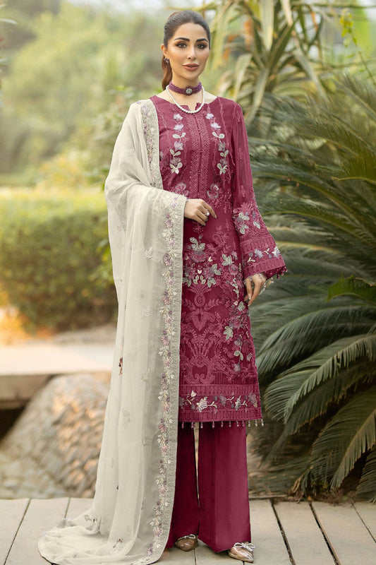 Maroon Colour Georgette Semi Stitched Pakistani Suit