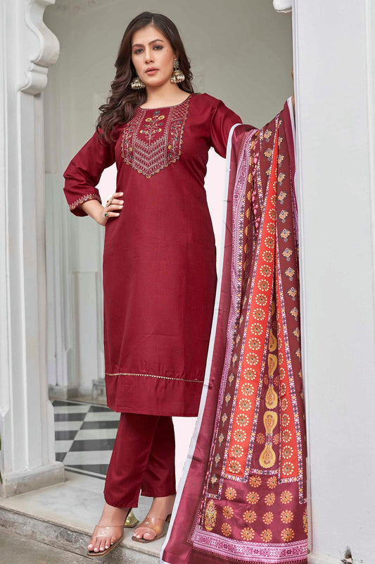 Maroon Colour Magic Cotton Stitched Salwar Suit