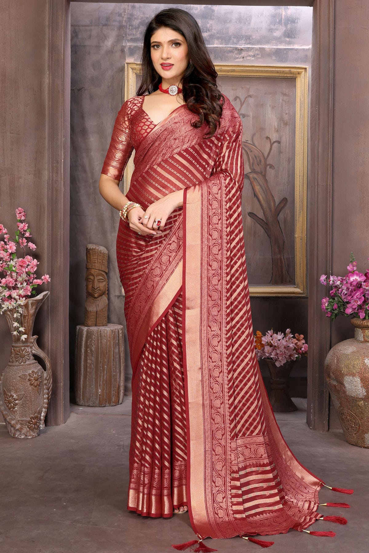 Maroon Colour Moss Brasso Traditional Saree