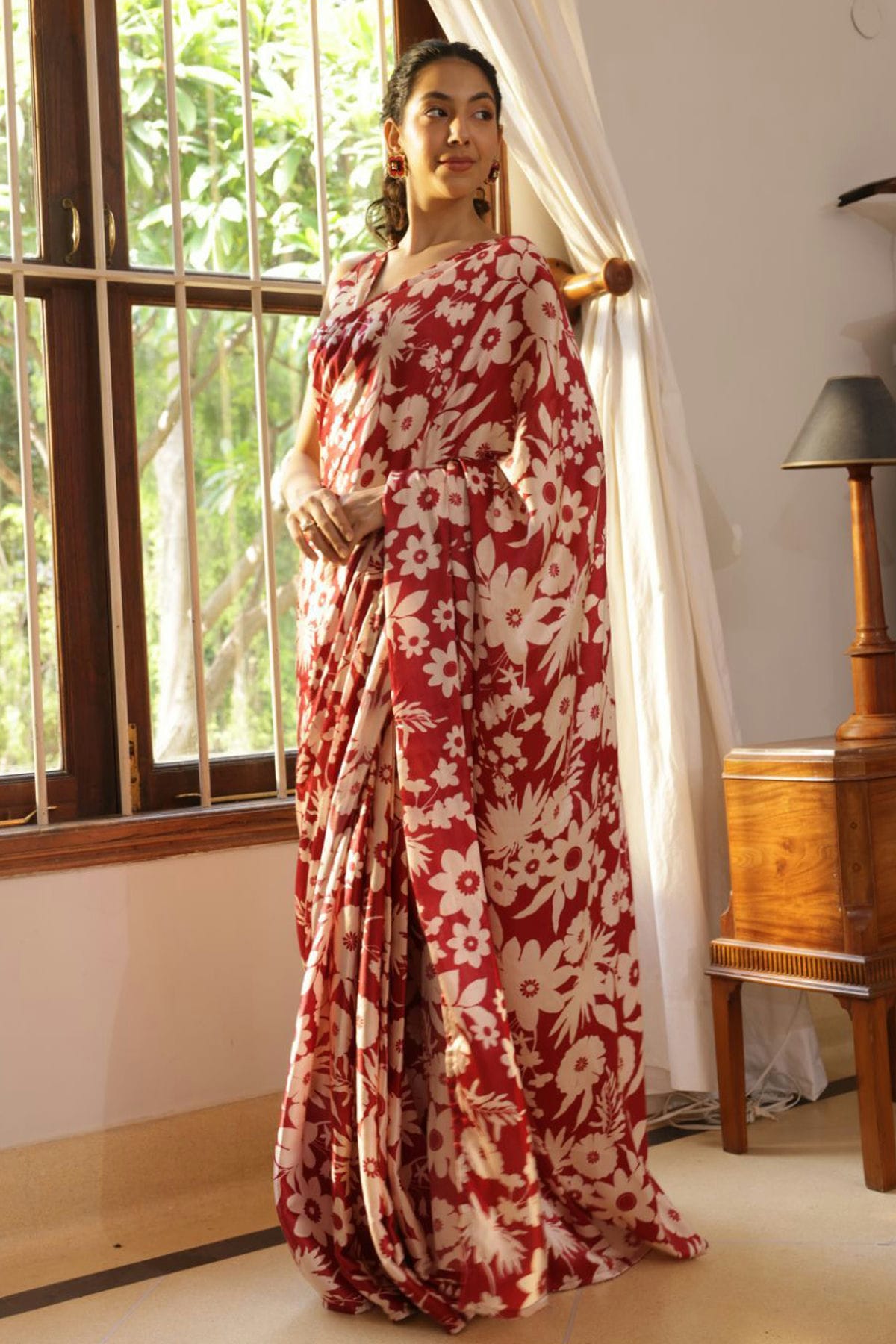 Maroon Colour Nylon Japan Satin Printed Saree