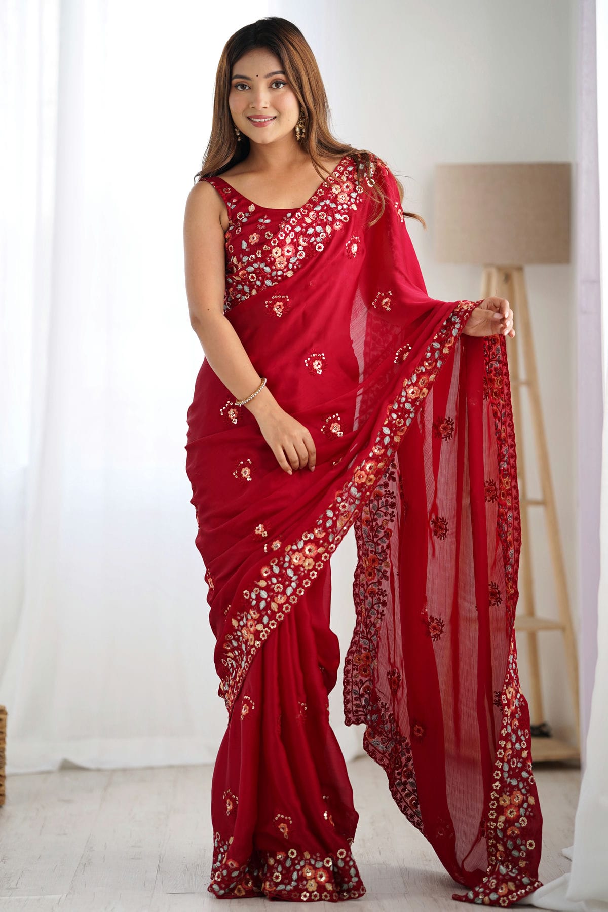 Maroon Colour Satin Chiffon Designer Saree