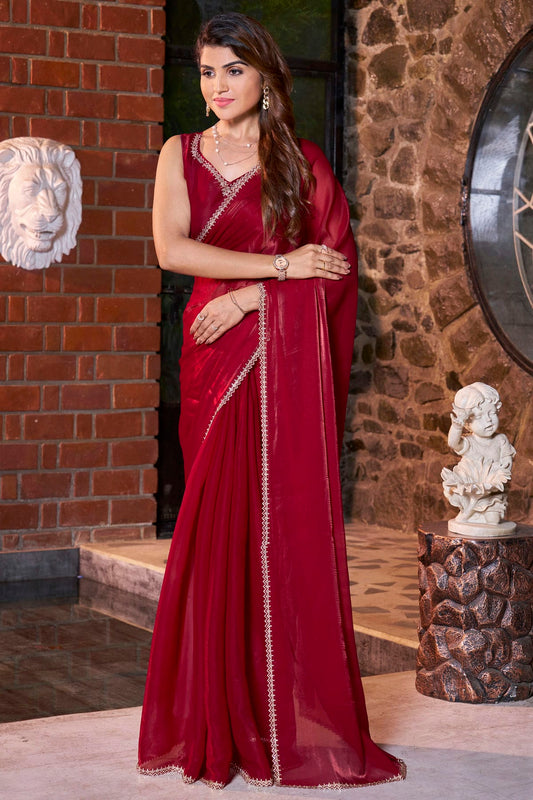 Maroon Colour Satin Jimmy Silk Designer Saree