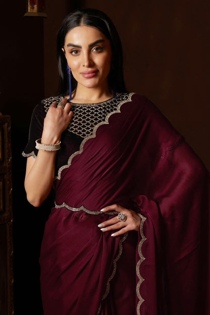 Maroon Colour Satin Silk Chiffon Designer Saree