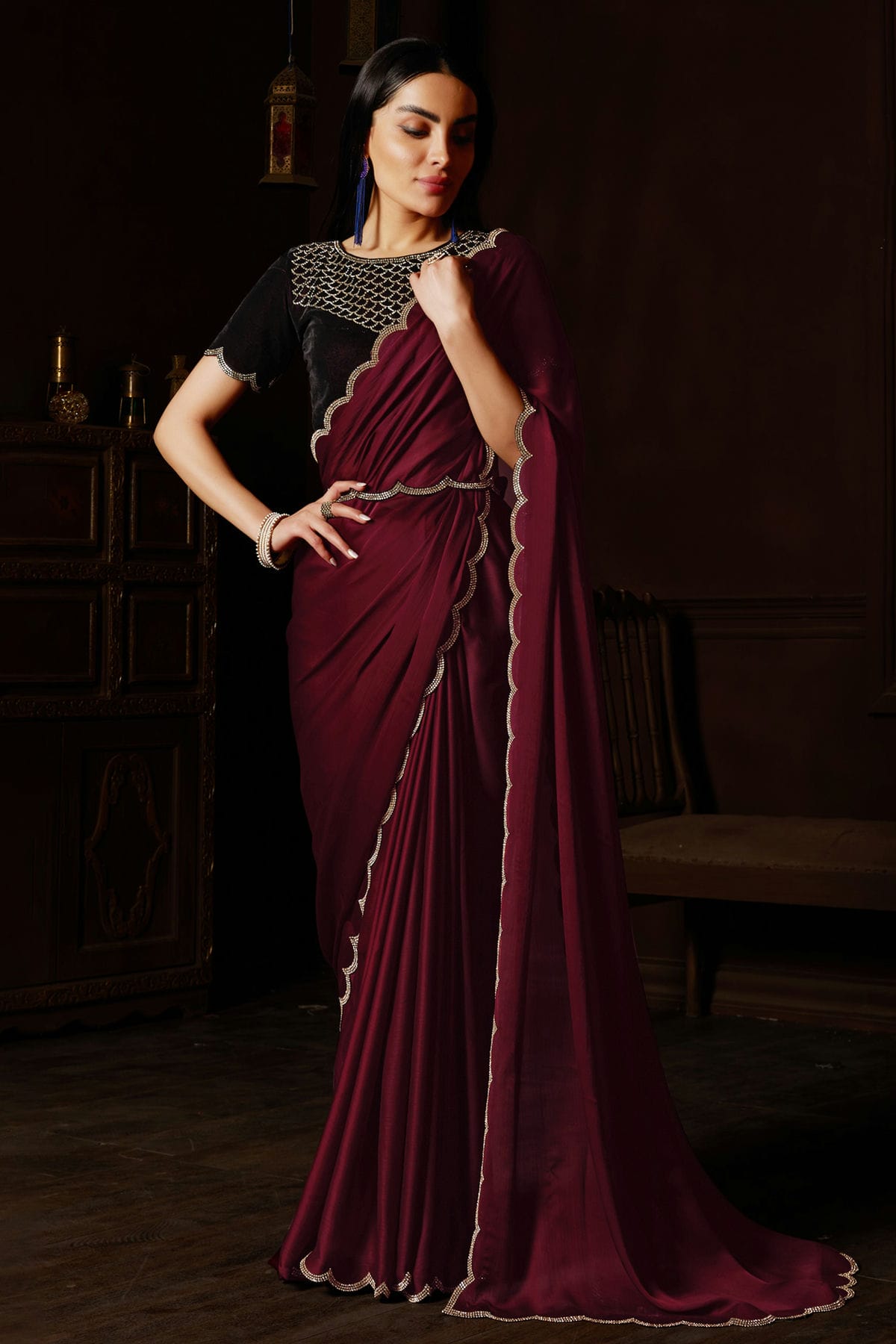 Maroon Colour Satin Silk Chiffon Designer Saree