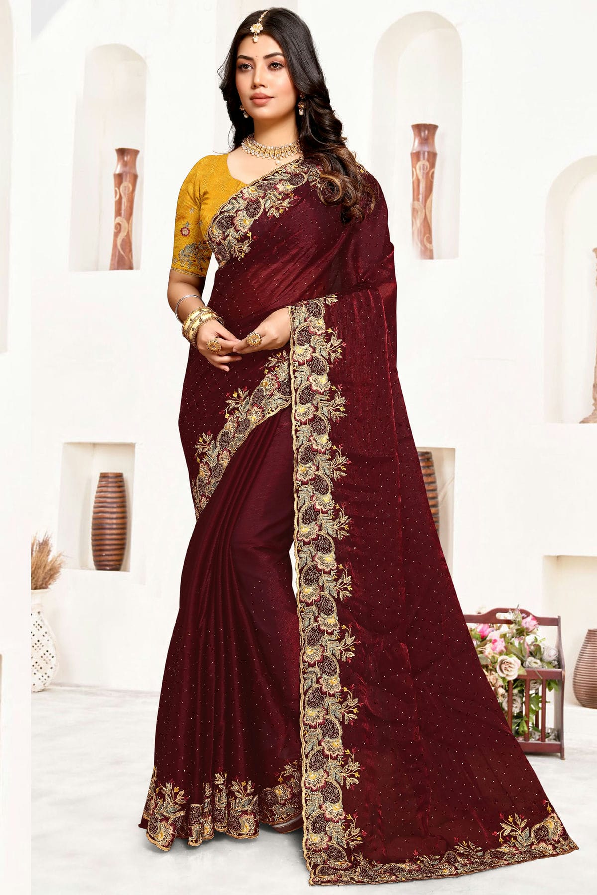 Maroon Colour Satin Silk Designer Saree