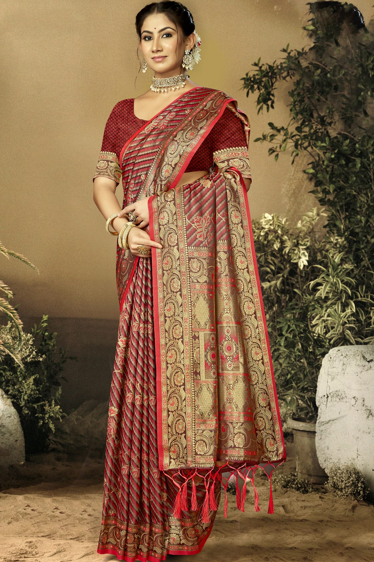 Maroon Colour Satin Silk Traditional Saree