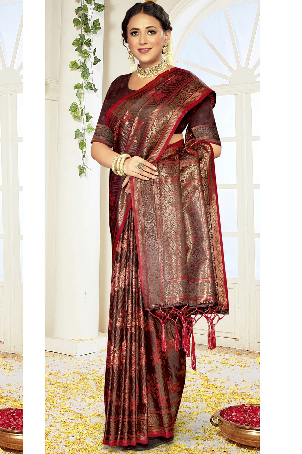 Maroon Colour Satin Silk Traditional Saree