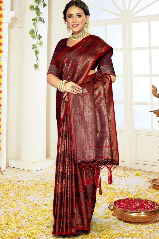 Maroon Colour Satin Silk Traditional Saree