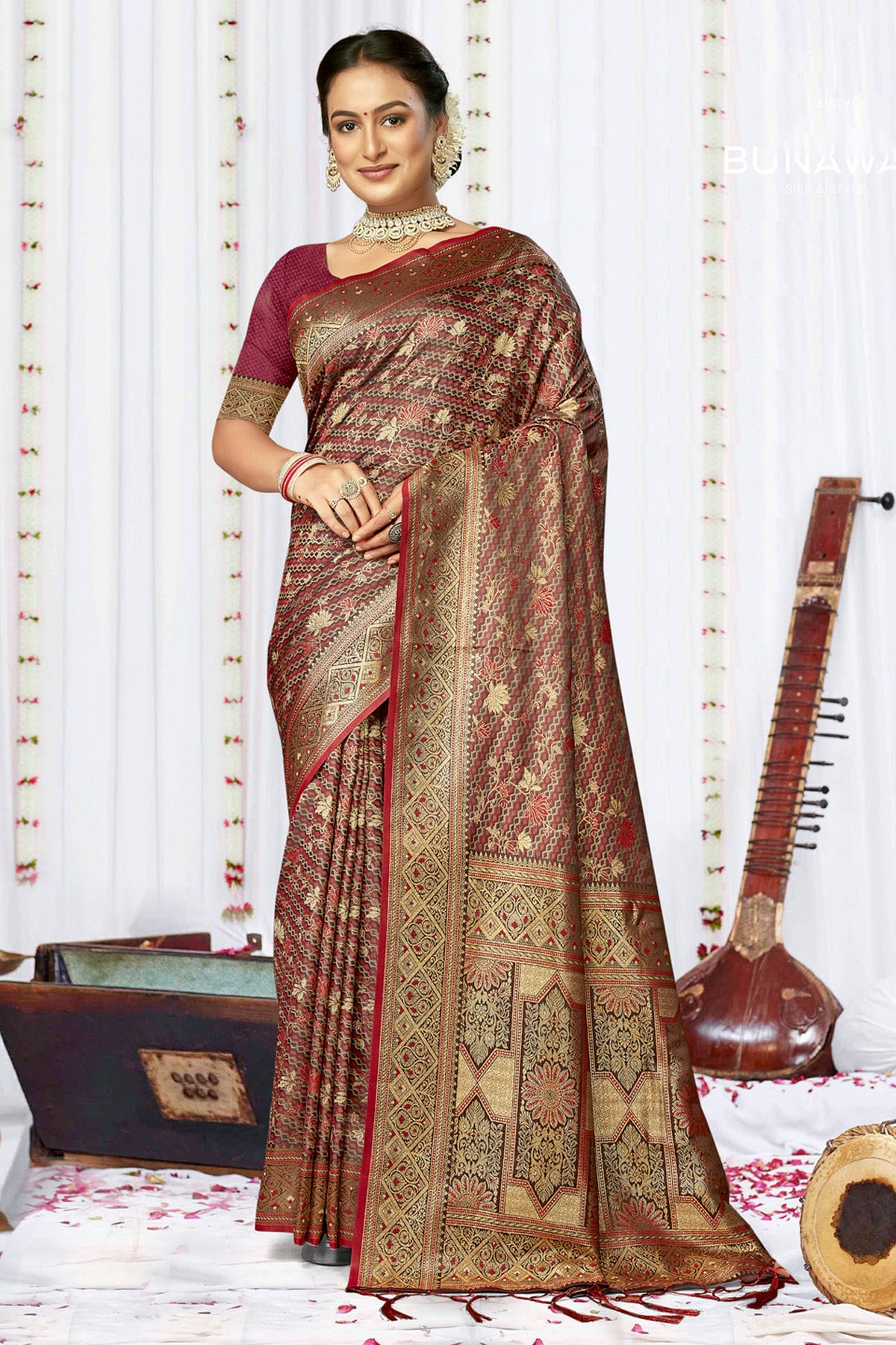 Maroon Colour Satin Silk Traditional Saree