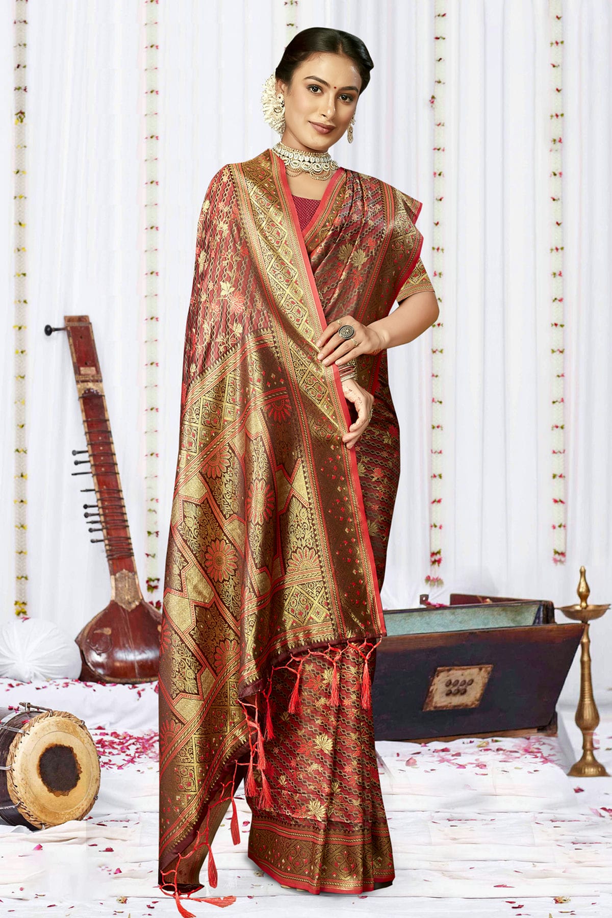 Maroon Colour Satin Silk Traditional Saree