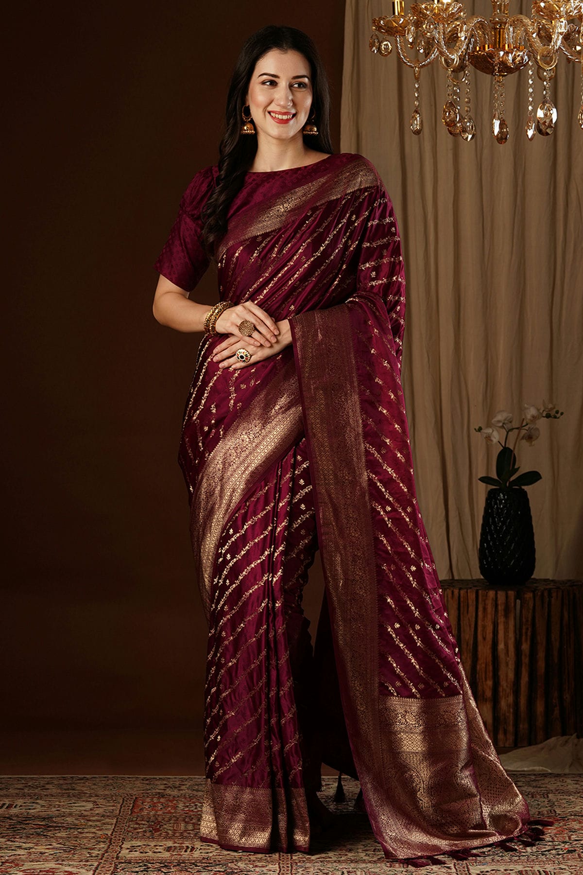 Maroon Colour Satin Silk Traditional Saree